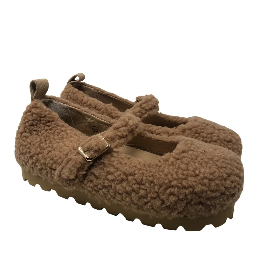 INUIKII Matilda Mary Jane Flats 39 US 8.5 Womens Tan Shearling Faux Fur Buckle